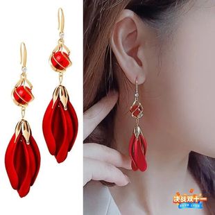 Red petal red bead ear hook 1313