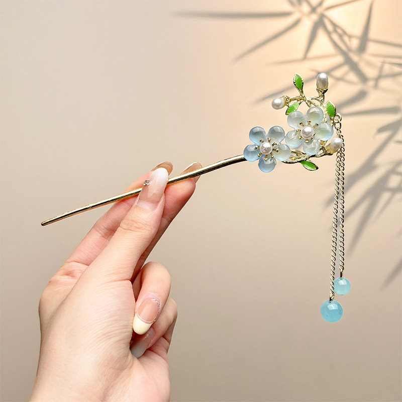46  Blue double flower tassel pendant-gold
