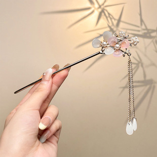 69  White pink double flower pearl tassel hairpin-gold