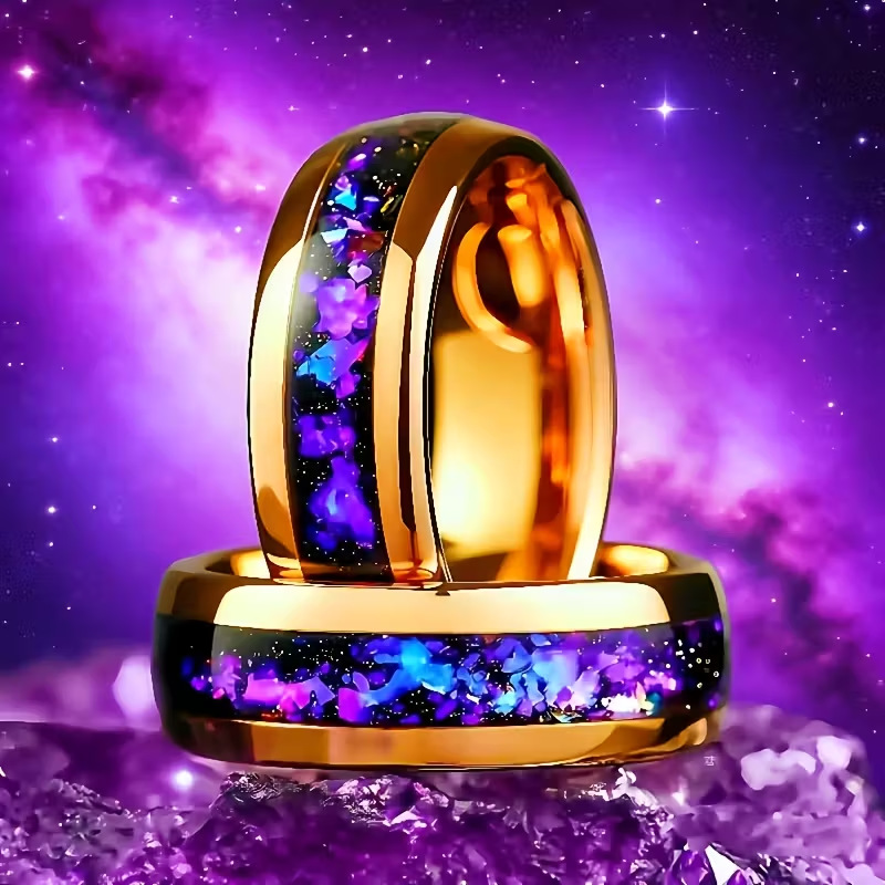 Golden starry sky blue stainless steel ring