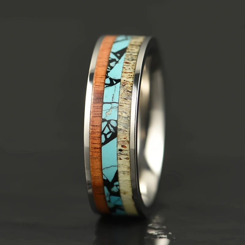 Antler acacia wood turquoise stainless steel ring
